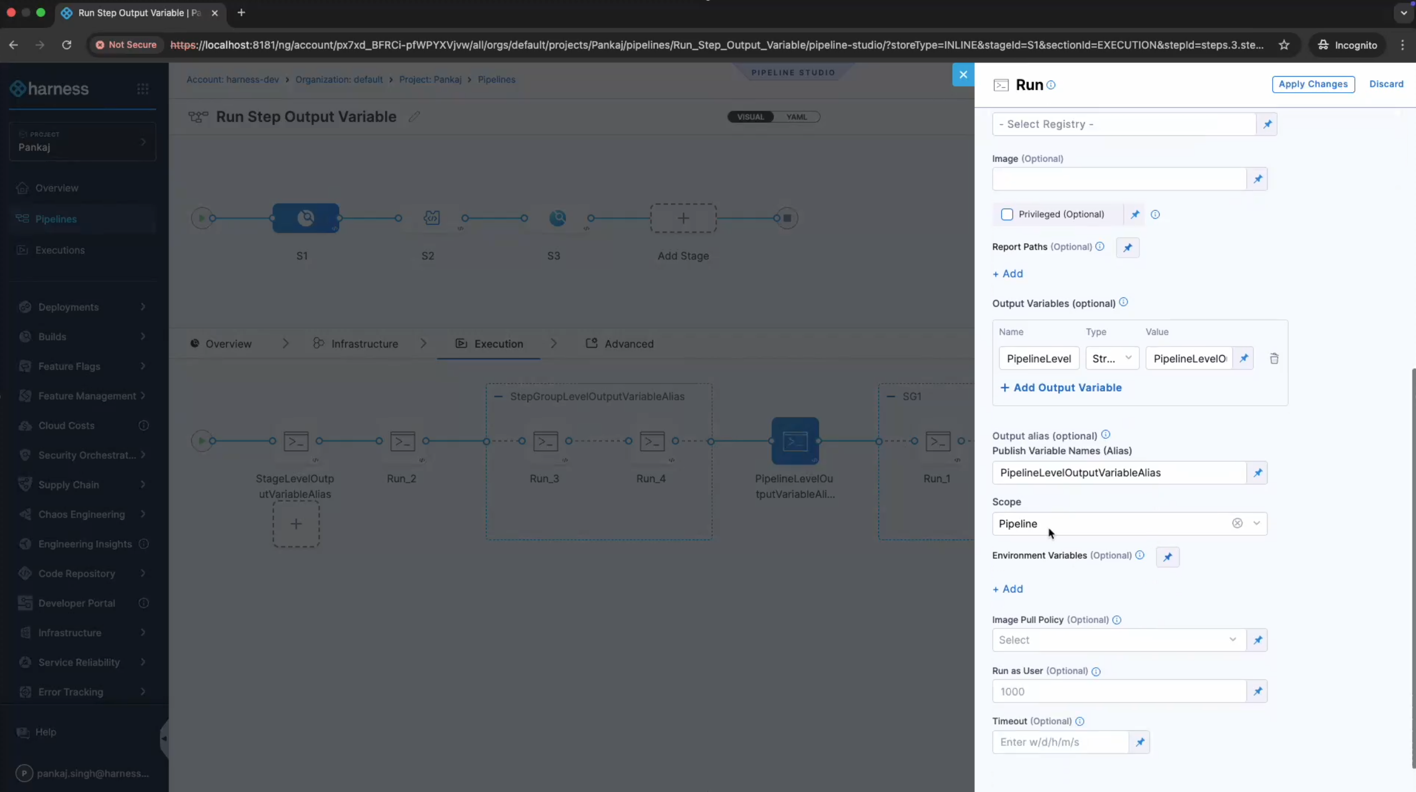 Pipeline-scoped output alias configuration