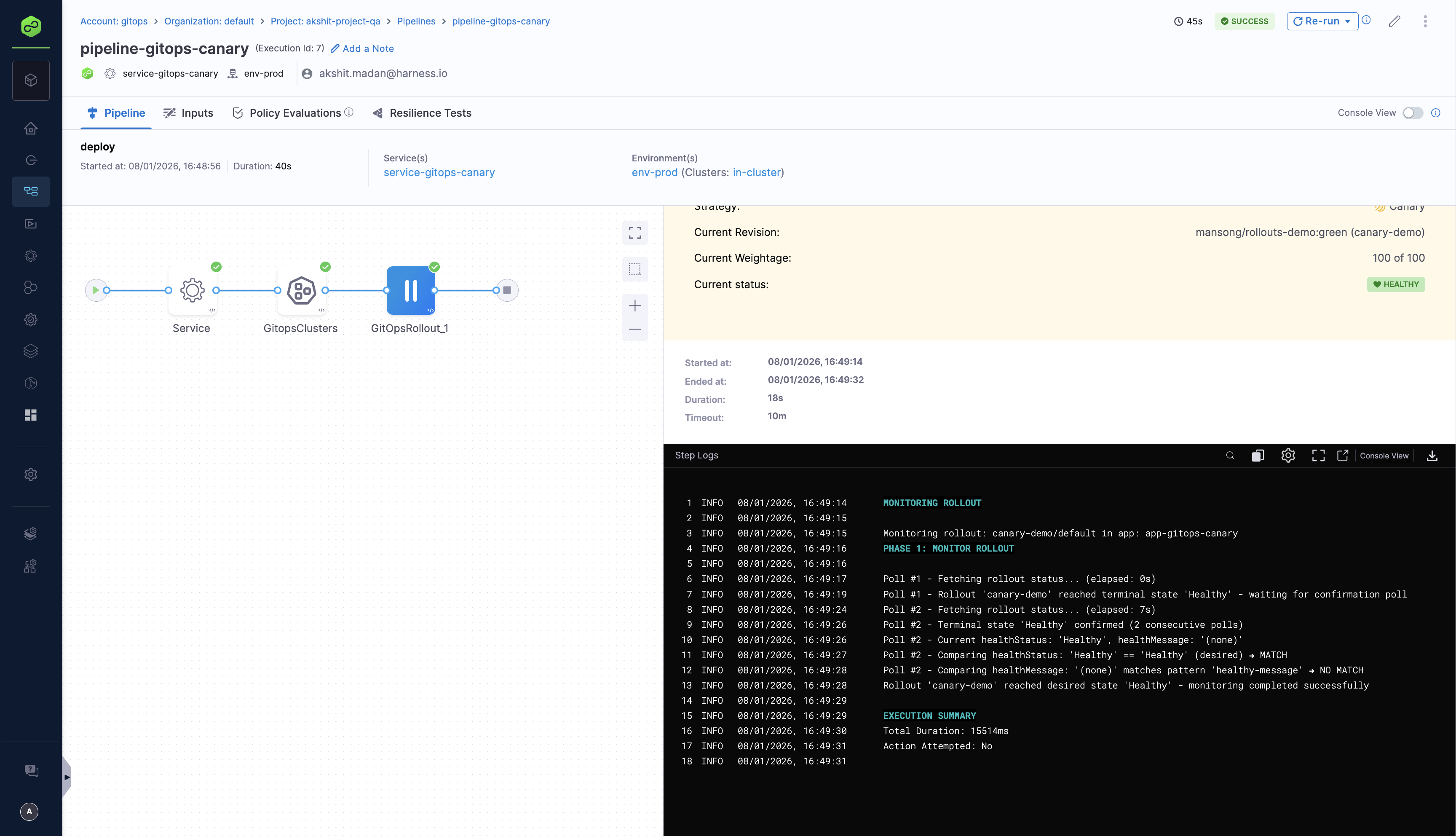 GitOps Rollout step logs showing progression through canary stages